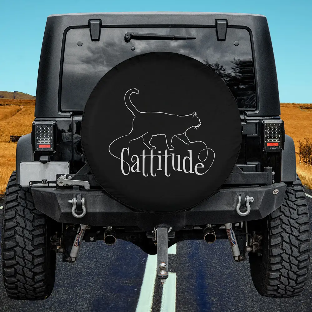 white line art cat script cattitude spare tire cover without camera hole
