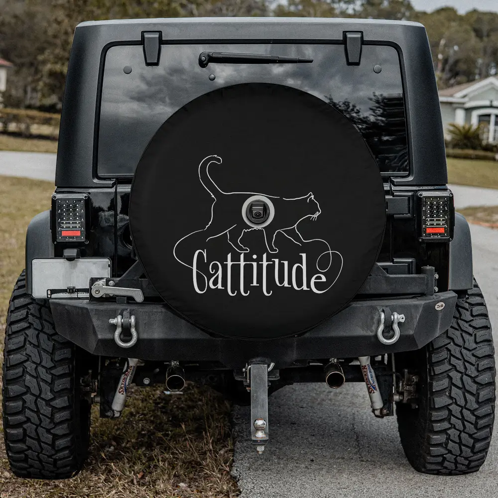 white line art cat script cattitude spare tire cover with camera hole