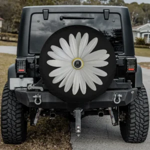 white marguerite daisy cut out flower spare tire cover with camera hole