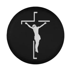 Minimalist white cross and Jesus silhouette line art design for spare tire cover