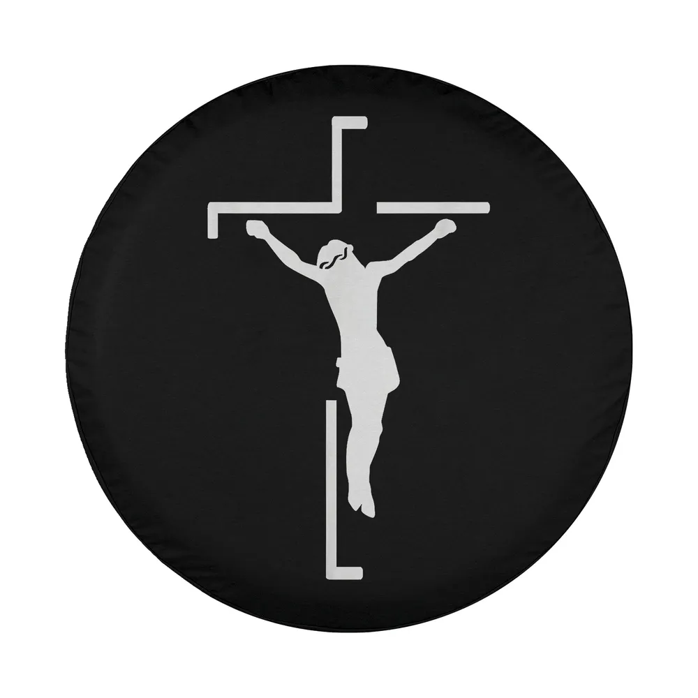 Minimalist white cross and Jesus silhouette line art design for spare tire cover