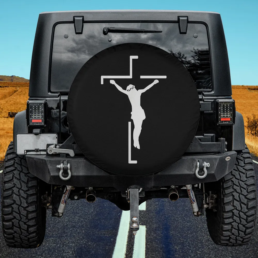 White Minimalist Cross Jesus Silhouette Ford Bronco Spare Tire Cover No Camera Hole