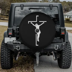 White minimalist cross Jesus silhouette spare tire cover for Ford Bronco with backup camera hole