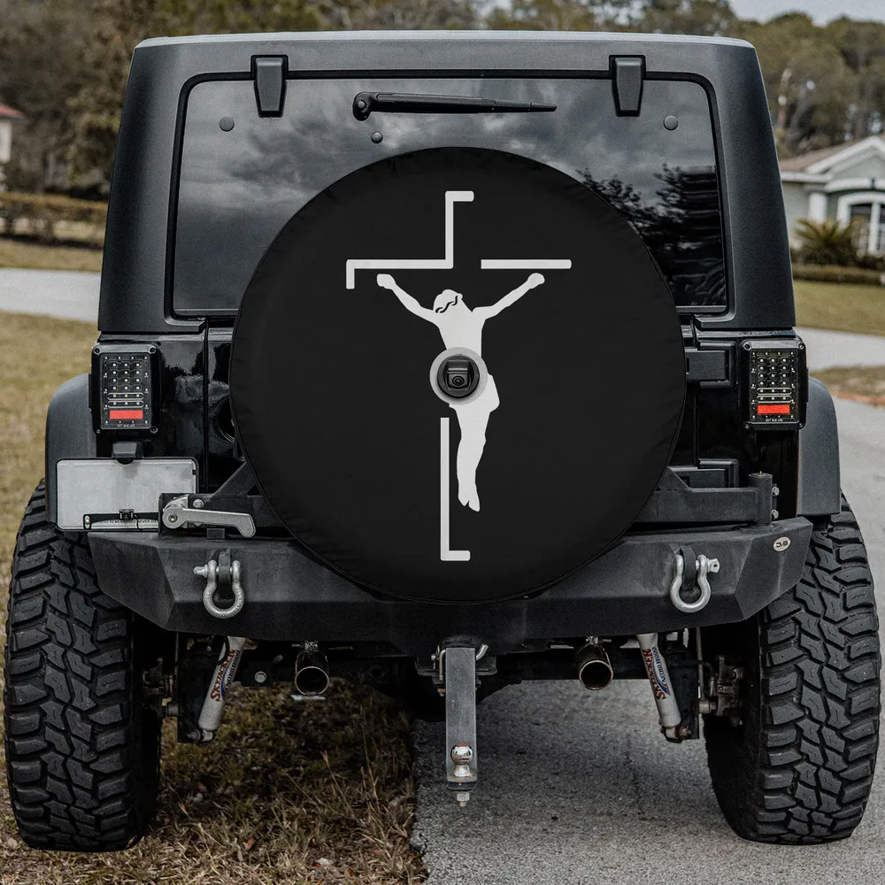 White minimalist cross Jesus silhouette spare tire cover for Ford Bronco with backup camera hole