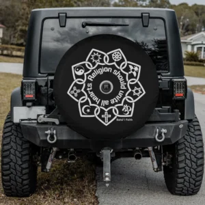 white religious symbols circle unity quote spare tire cover for Honda HRV with backup camera hole