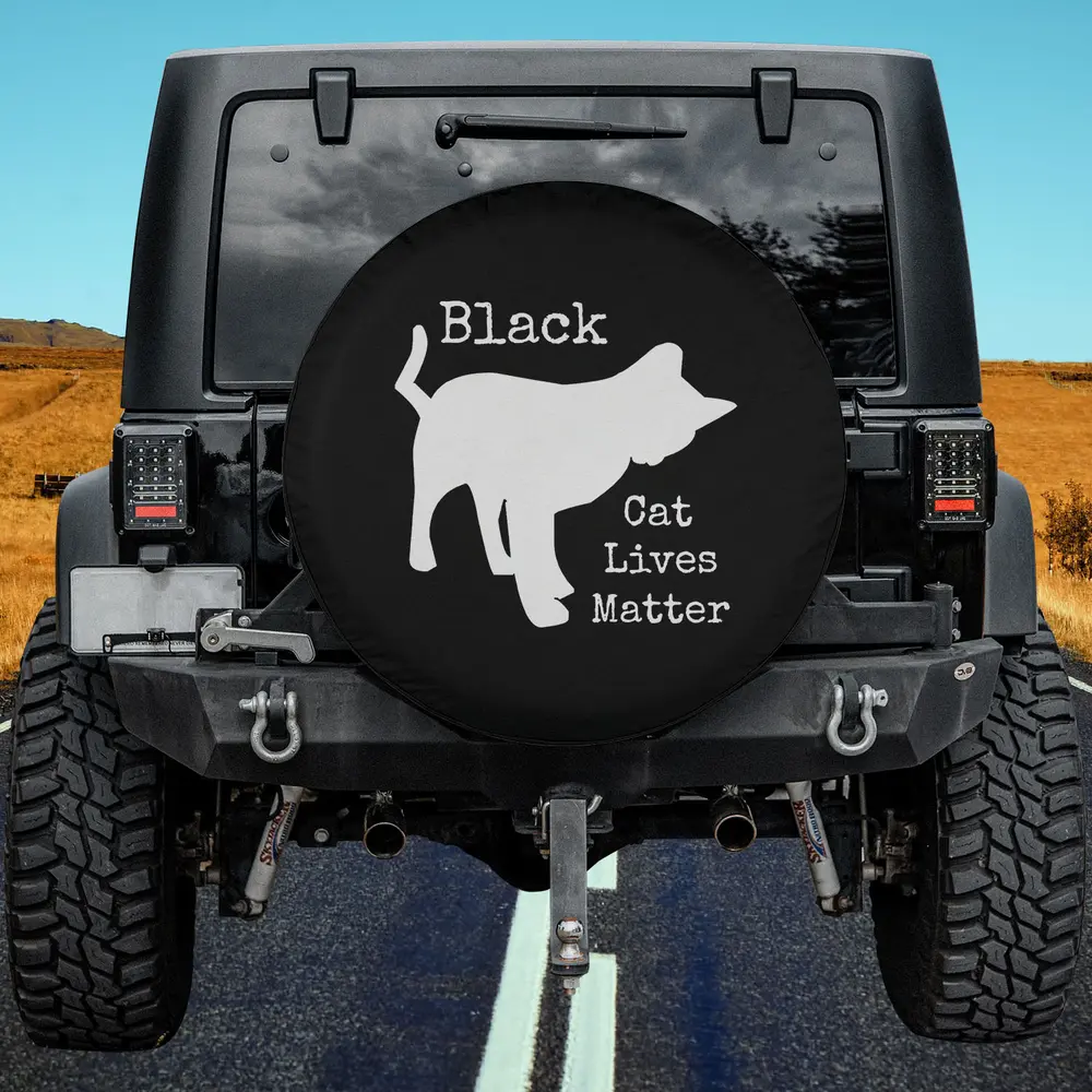 White silhouette black cat lives matter rescue spare tire cover with no camera hole