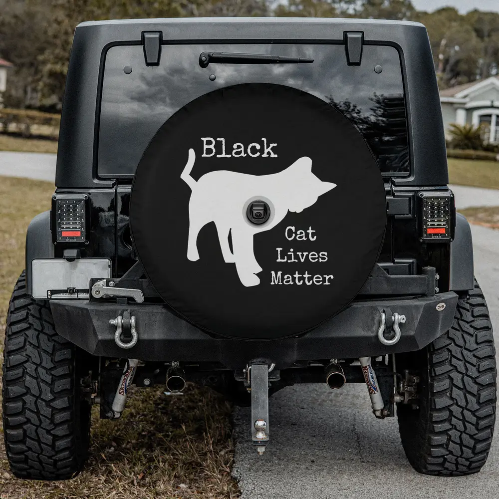 White silhouette black cat lives matter rescue spare tire cover with camera hole option