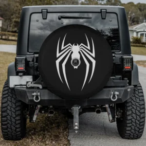 white spider emblem black marvel spiderman game spare tire cover with camera hole
