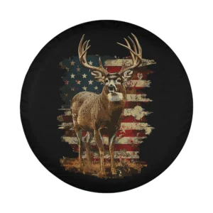 Design of whitetail buck deer distressed American flag for spare tire cover