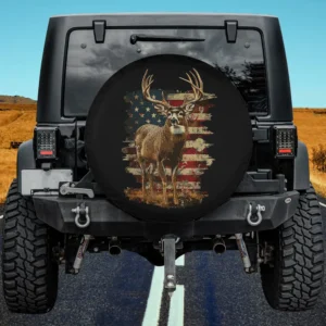 Whitetail buck deer with distressed American flag spare tire cover no camera hole