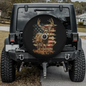 Whitetail buck deer distressed American flag spare tire cover with camera hole option