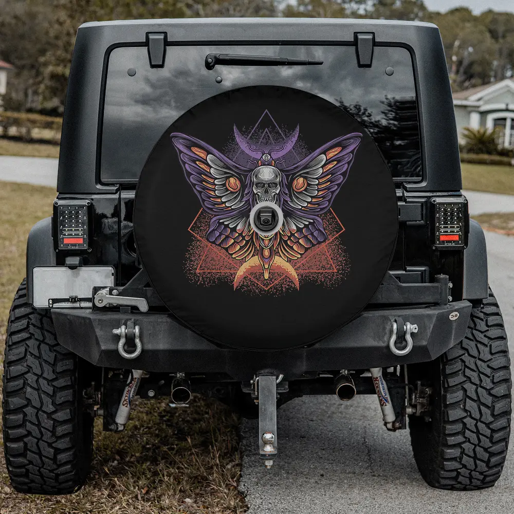 wiccan crescent skull moth geometric spare tire cover with camera hole