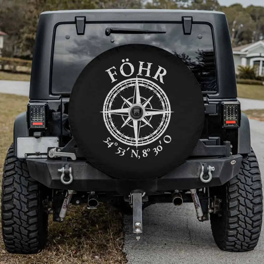 Wind rose coordinates Föhr North Sea Island spare tire cover for RVs with backup camera hole