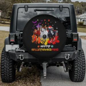 Witch hat santa hat horse happy Hallothanksmas spare tire cover with camera hole for SUV