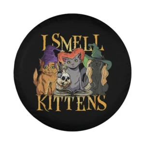 Cartoon Halloween witch cats with hats, skull, spellbook on spare tire cover