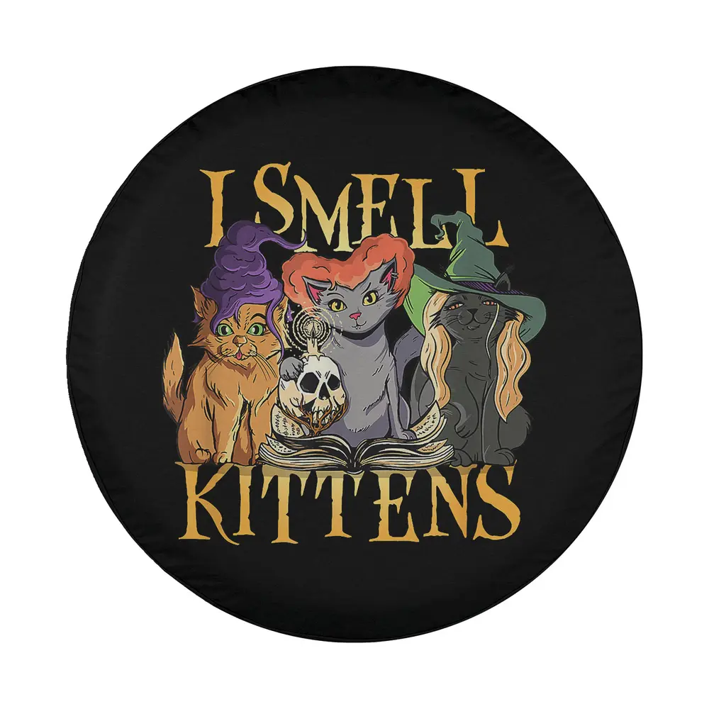 Cartoon Halloween witch cats with hats, skull, spellbook on spare tire cover