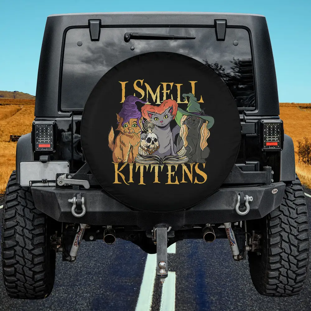 Halloween witch hats skull spellbook cat spare tire cover on Jeep, no camera hole