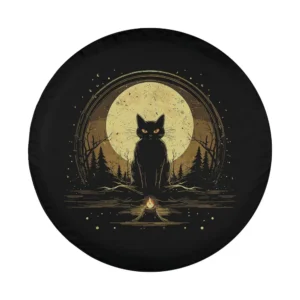 Mystical witchy black cat moon campfire illustration for spare tire cover