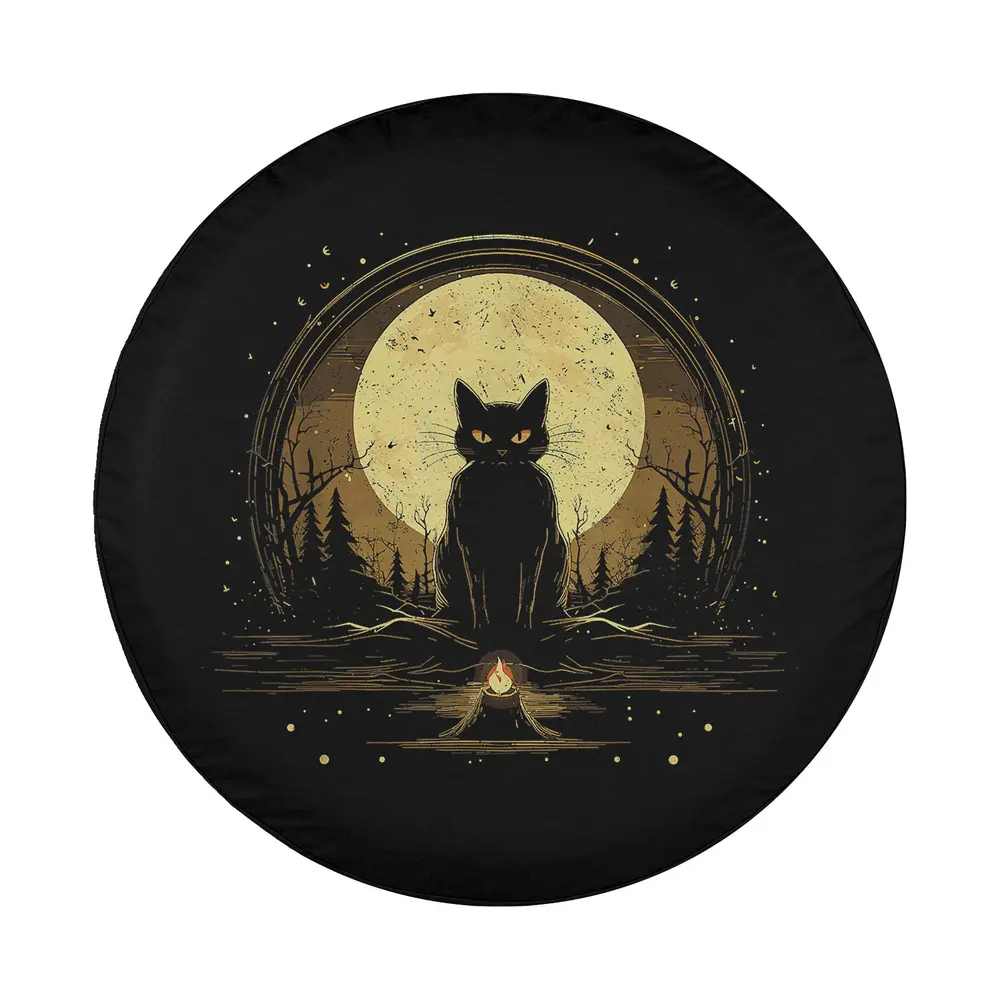 Mystical witchy black cat moon campfire illustration for spare tire cover