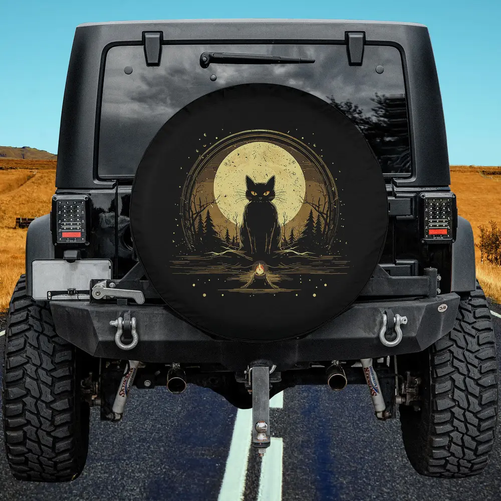 Witchy black cat with glowing moon and campfire spare tire cover no camera hole