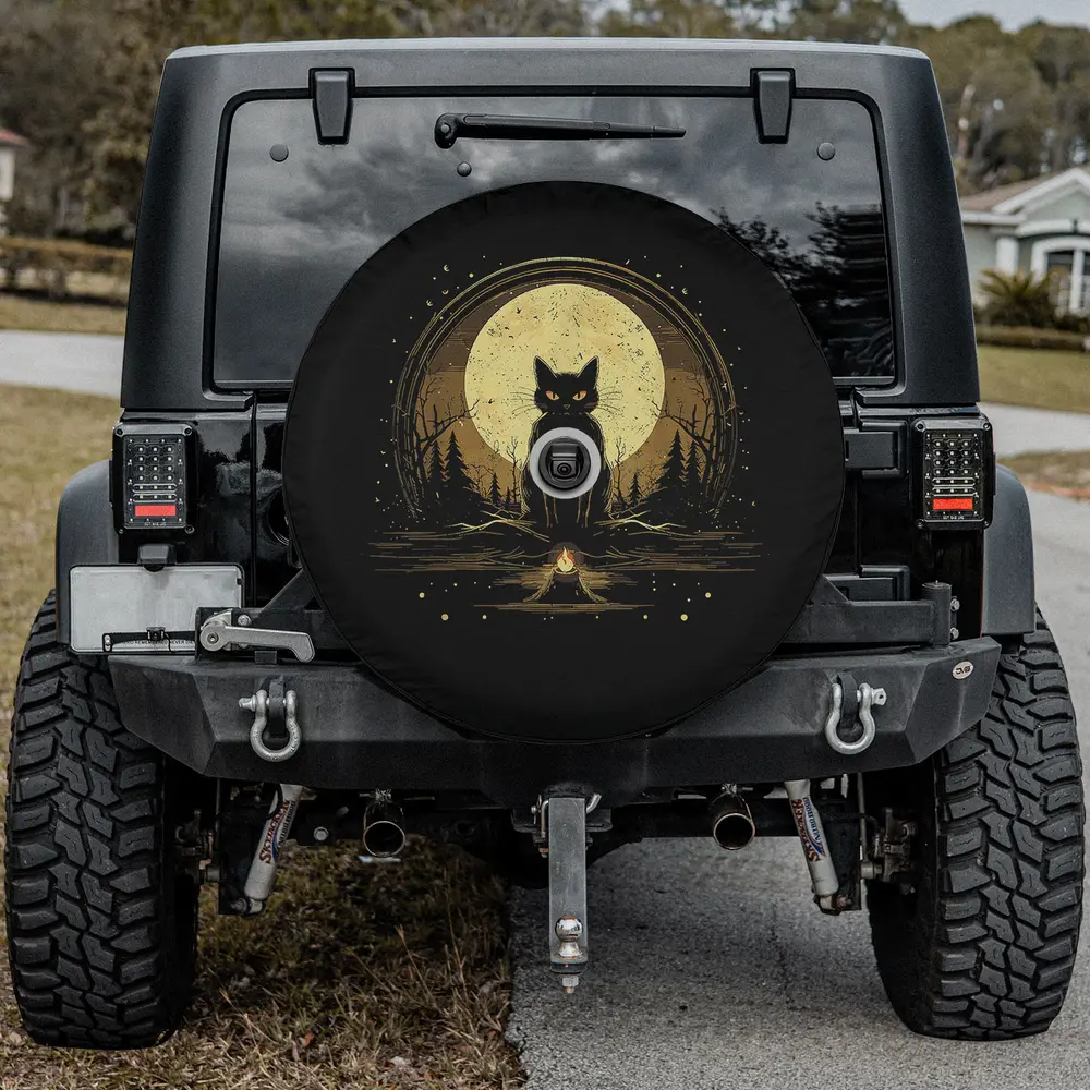 Witchy black cat moon campfire spare tire cover with backup camera hole option