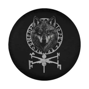 Wolf head Orhun runic compass design for spare tire cover closeup