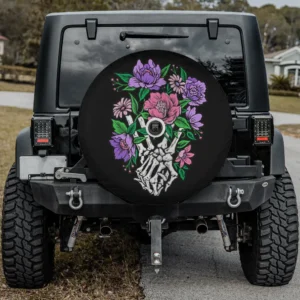 womens skeleton hands floral bouquet halloween spare tire cover with camera hole
