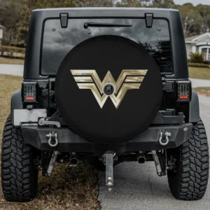 Wonder Woman gold metallic logo spare tire cover with backup camera hole for Jeep