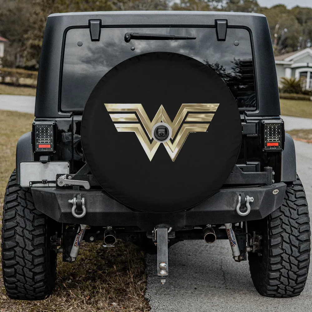 Wonder Woman gold metallic logo spare tire cover with backup camera hole for Jeep