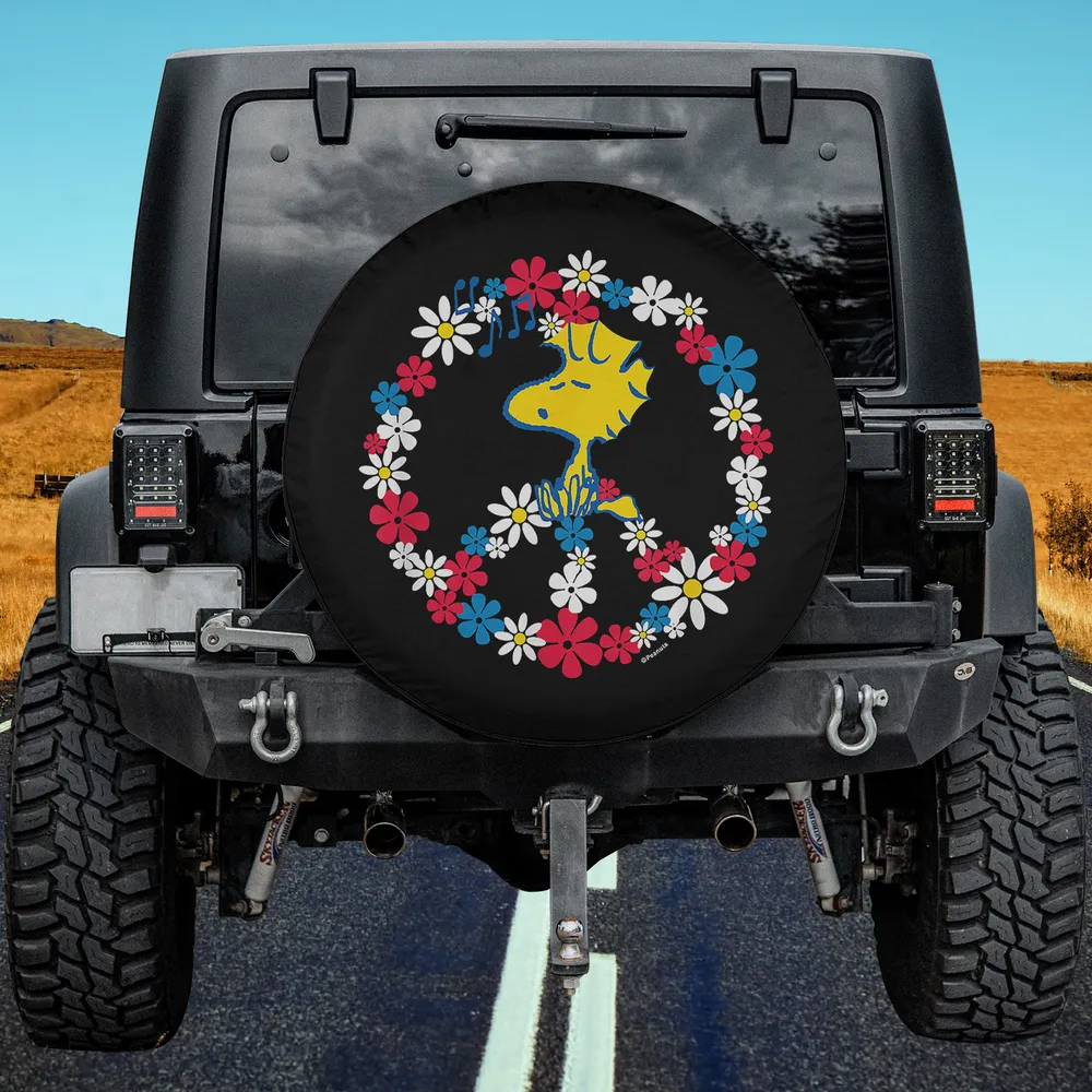 Woodstock flower peace sign americana spare tire cover no camera hole for Ford Bronco Jeep RV