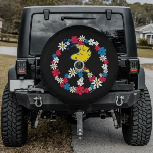 Woodstock flower peace sign americana spare tire cover with camera hole for Ford Bronco Jeep RV