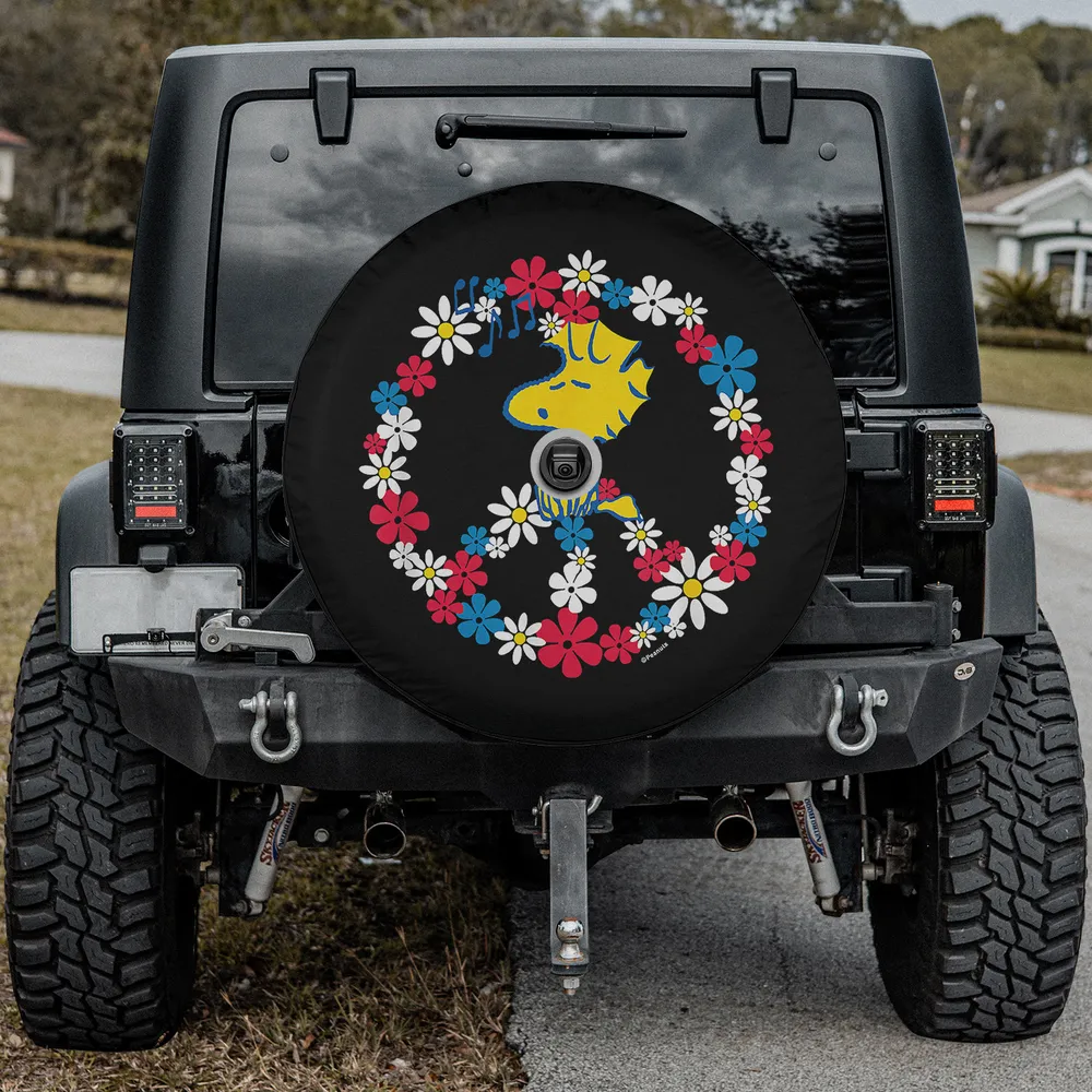 Woodstock flower peace sign americana spare tire cover with camera hole for Ford Bronco Jeep RV