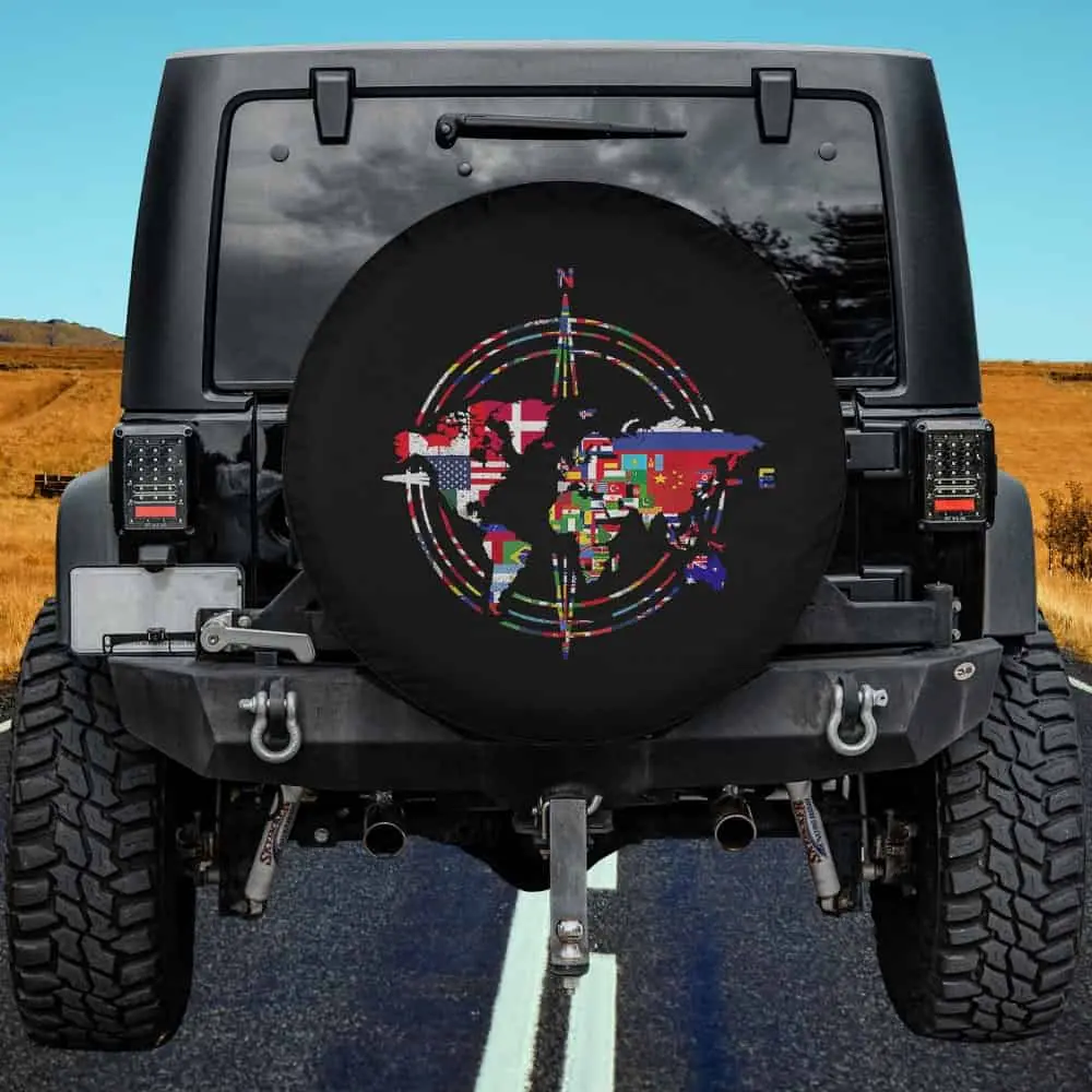 World flags compass world map spare tire cover for Jeep Gladiator no camera hole
