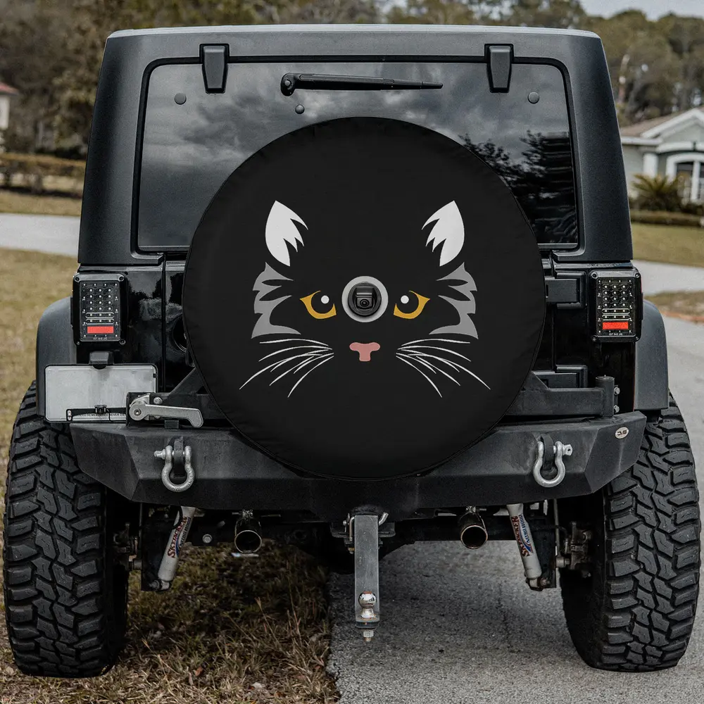 yellow eyes black cat face halloween spare tire cover with camera hole for Jeep SUV RV