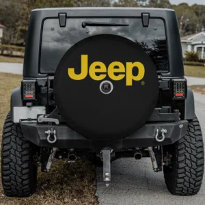 Yellow Jeep logo black background spare tire cover for Jeep Wrangler with backup camera hole