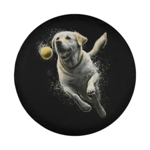 Yellow Labrador Retriever chasing tennis ball illustration for spare tire cover