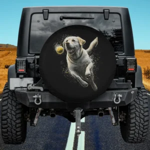 Yellow Labrador Retriever chasing tennis ball spare tire cover with no camera hole