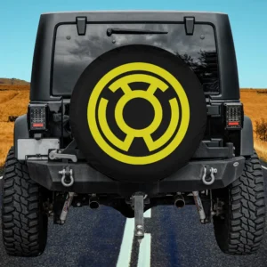 Yellow Lantern emblem on black circle camper spare tire cover no camera hole