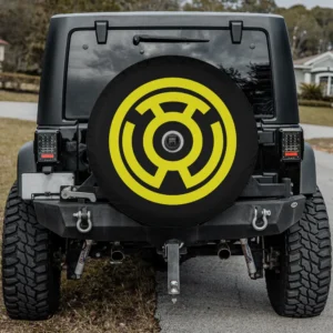 Yellow Lantern emblem black circle camper spare tire cover with camera hole