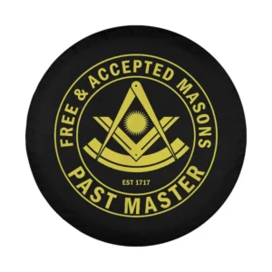 Yellow Past Master emblem Freemason spare tire cover design closeup