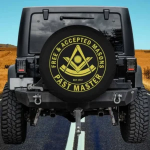 Yellow Past Master emblem Freemason spare tire cover on Jeep with no camera hole