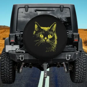 yellow sketched cat face illustration spare tire cover with no camera hole