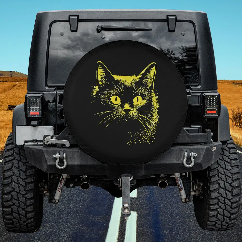 yellow sketched cat face illustration spare tire cover with no camera hole