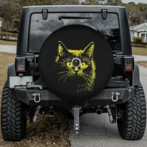 yellow sketched cat face illustration spare tire cover with backup camera hole