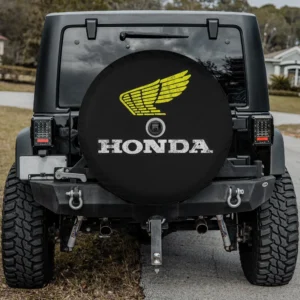 yellow wing distressed honda logo spare tire cover with backup camera hole