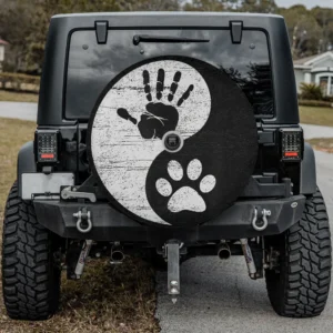 Yin yang dog paw handprint distressed spare tire cover with camera hole