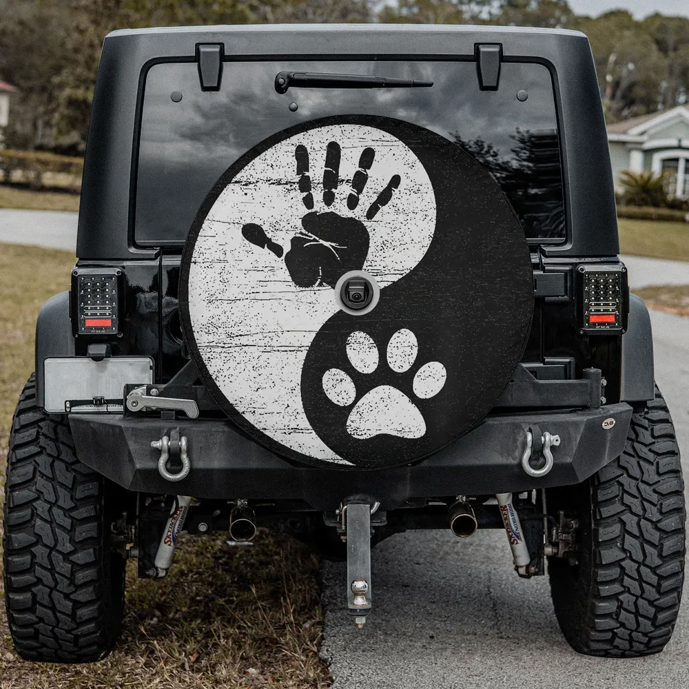 Yin yang dog paw handprint distressed spare tire cover with camera hole
