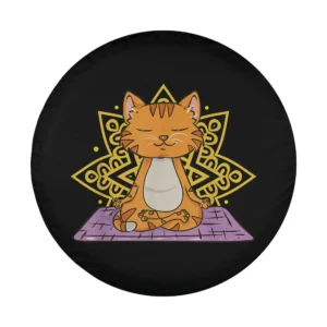 Cartoon yoga cat on purple mat with golden mandala spare tire cover design