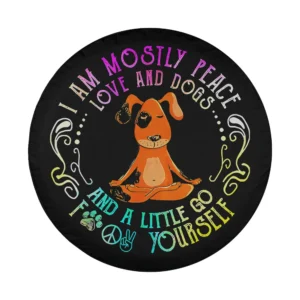 Cartoon yoga dog with rainbow peace love text funny spare tire cover design