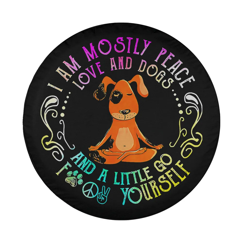 Cartoon yoga dog with rainbow peace love text funny spare tire cover design